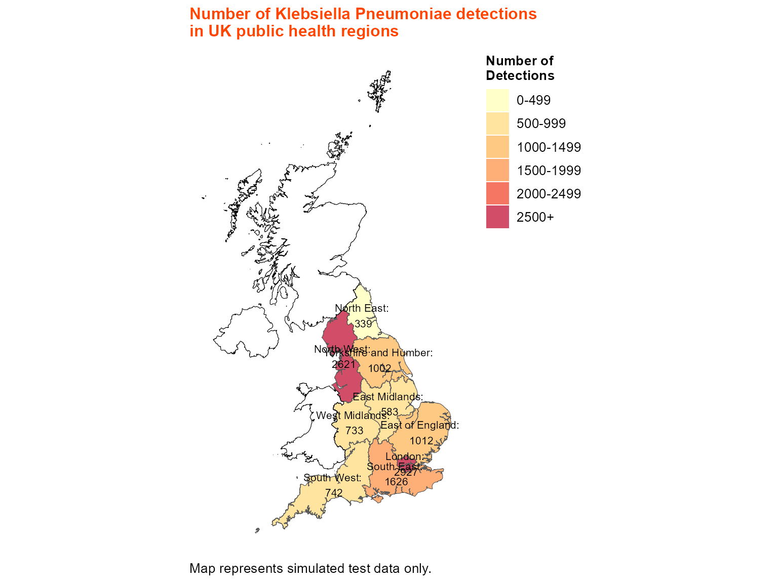 Choropleth map of UK public health regions coloured by detections with outlines for Wales, Northern Ireland, and Scotland.