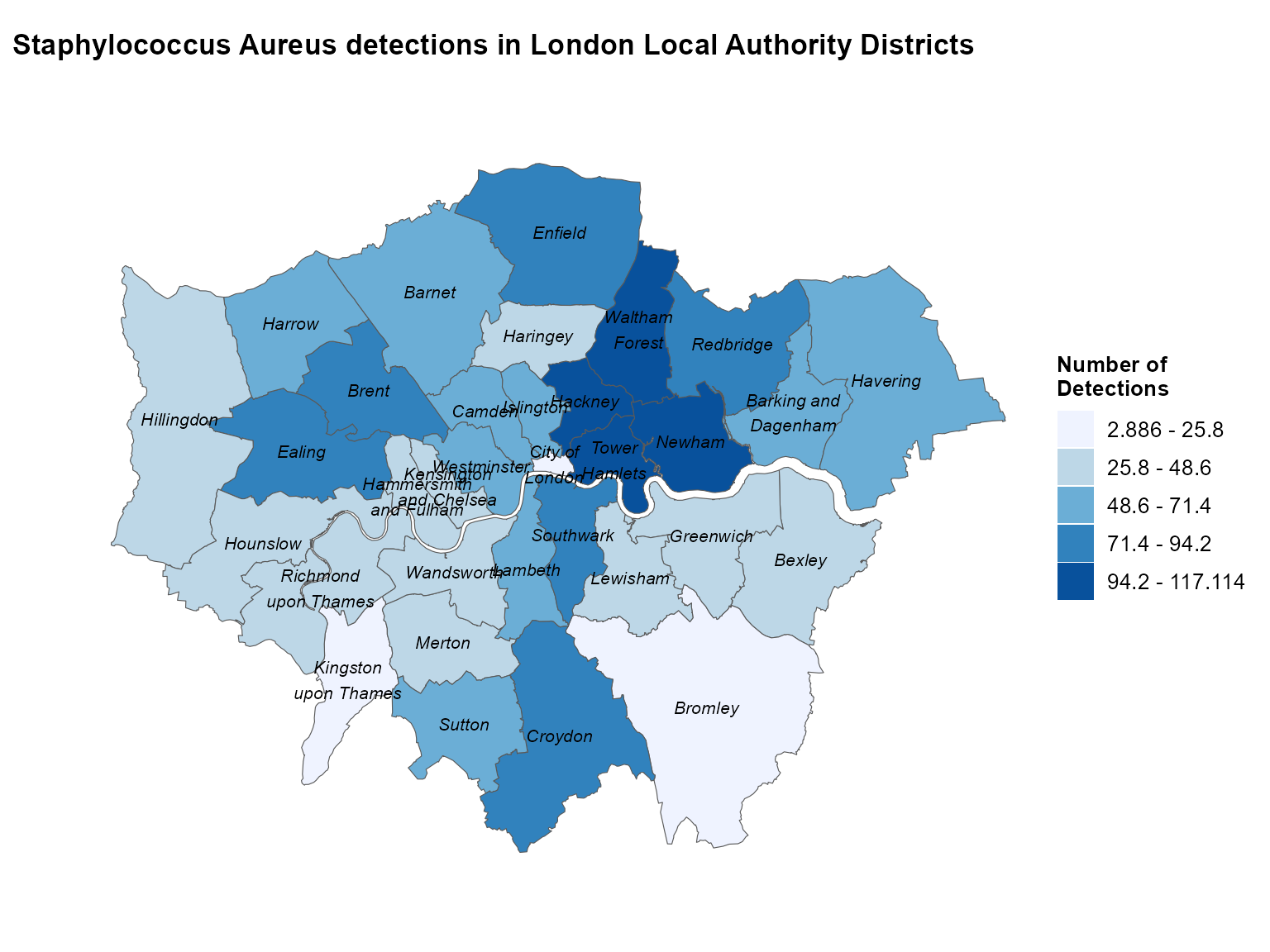 Choropleth map shading London local authority districts by the number of Staphylococcus aureus detections.